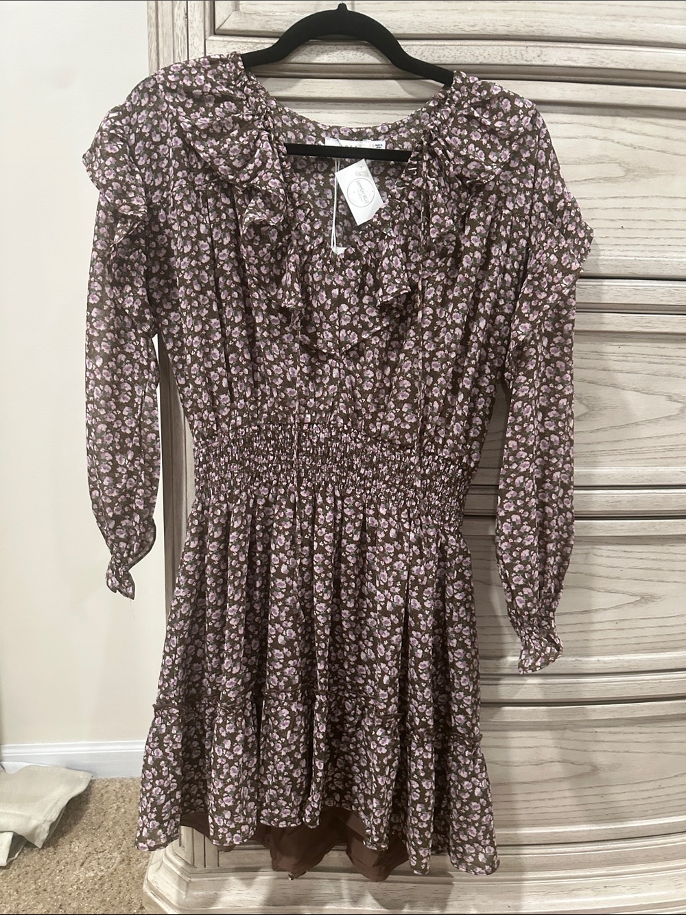 Lush Brown Floral Ruffled Long Sleeve Smocked Dress